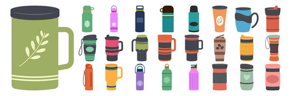 Reusable cups, thermos mugs, and tumblers with cover. Different designs of thermos for takeaway coffee. Set of thermo mugs vector illustrations in flat and cartoon style.