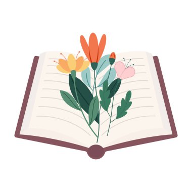 Çiçekli düz ikonlu kitaplar. Karikatür çiçek süslemeleri. Edebiyat için kır çiçekleri dekoru. Haşhaş, ayçiçeği, unutma beni, şiir kitabında çiçek buketi. Renksel izole çizimler.