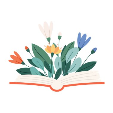 Çiçekli düz ikonlu kitaplar. Karikatür çiçek süslemeleri. Edebiyat için kır çiçekleri dekoru. Haşhaş, ayçiçeği, unutma beni, şiir kitabında çiçek buketi. Renksel izole çizimler.