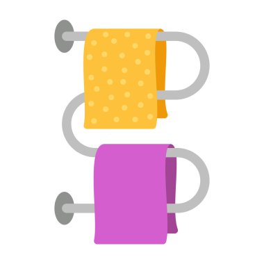 Havlular. Çizgi film kumaşı tutacağa asılı, peçete ve mendil yığını. Temizlik için mutfak ya da banyo hijyenik yumuşacık kumaş. Renkli bulaşık havlusu. Vektör tekstil tuvalet malzemesi.