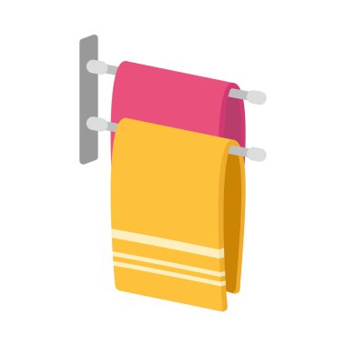 Havlular. Çizgi film kumaşı tutacağa asılı, peçete ve mendil yığını. Temizlik için mutfak ya da banyo hijyenik yumuşacık kumaş. Renkli bulaşık havlusu. Vektör tekstil tuvalet malzemesi.