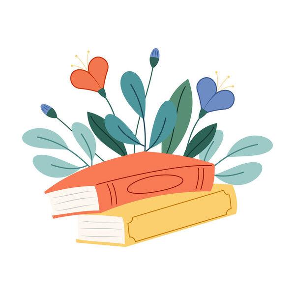 Книги с плоской иконой цветов. Мультфильм цветочные украшения. Декор полевых цветов для литературы. Поппи, подсолнух, незабудка, васильковый букет на книгу стихов. Цветные изолированные иллюстрации.