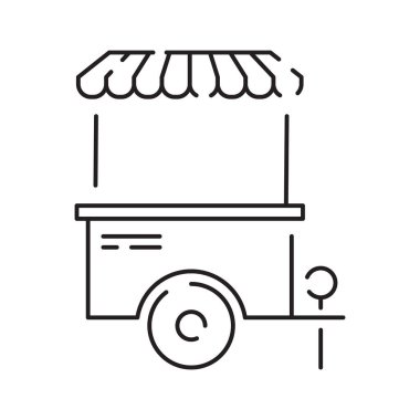 Yemek kamyonu çizgisi ikonu. Sokak yemekleri ve tabela.