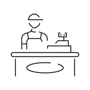 Market kasiyeri kasanın önünde doğrusal bir simgeyle duruyor..