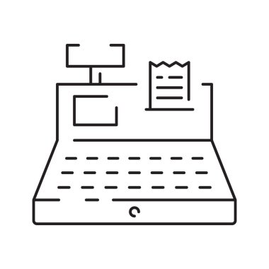Market kasiyeri kasanın önünde doğrusal bir simgeyle duruyor..