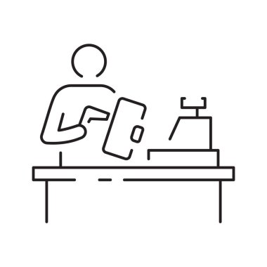 Kasiyer ve yazar kasa çizgisi ikonu tasarımı. Ödeme servisi makine imzası ve sembolü.