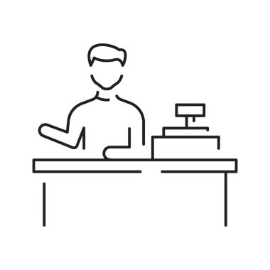 Kasiyer ve yazar kasa çizgisi ikonu tasarımı. Ödeme servisi makine imzası ve sembolü.