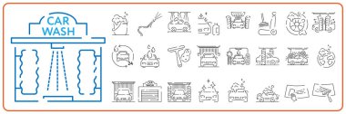 Araba yıkama hattı ikonu. Otomatik temizlik istasyonu işaretleri. Köpük köpüklü kova, sünger ve düz çizgi ikonları. Ayarla.
