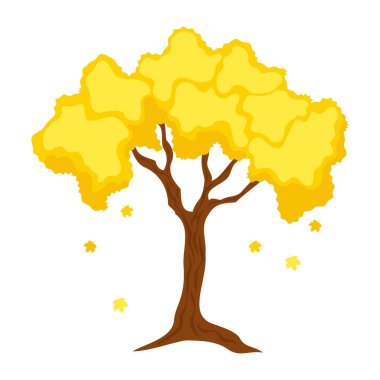Çizgi film tarzında güzel bir sonbahar ağacı. Sarı, kırmızı, sonbahar ağacının farklı türleri ve yaprakları beyaz arkaplanda izole edilmiş çalıların vektör çizimi.