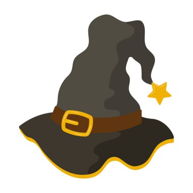 Büyücü şapkası. Cadılar Bayramı süslemeli cadı şapkası, Cadılar Bayramı partisi kostümleri düz vektör çizimi. Karikatür büyücülük şapkası..