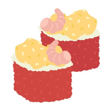 Suşi ve rulo şablon. Suşi kusursuz bir arka plan. Tobiko maki, Philadelphia Roll, onigiri, karides nigiri, futomaki, sake temaki, soya kasesi wasabi.