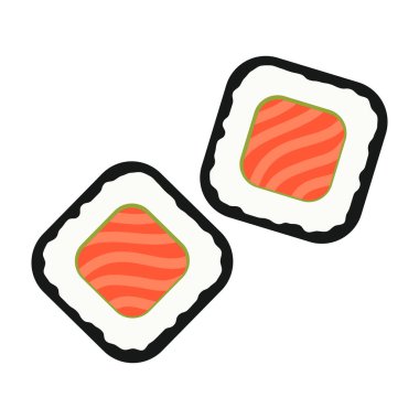 Geleneksel Japon aksesuarlarıyla lezzetli suşi karışımları. Vektör Düz Çizim.