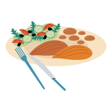 Düz Vektör Resimli Sağlıklı ve Dengeli Yemekler.
