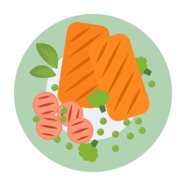 Düz Vektör Resimli Kahvaltı, Salata ve Hafif Yemekler.