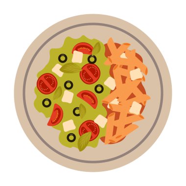 Vektör Düz Çizimli Makarna ve Salata Kombinasyonları.