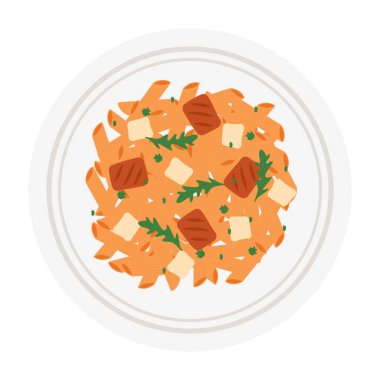 Çeşitli malzemelerle renkli makarna yemekleri. Düz Vektör İllüstrasyonu.