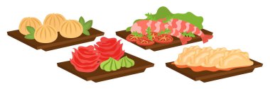 Illustrations of Various Sushi Types and Platters. Flat Vector Set. clipart