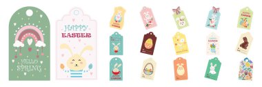 Şirin Tavşanlı Paskalya Hediyesi Etiketleri ve Yumurta Çizimleri Düz Koleksiyonu.