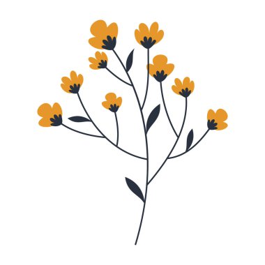 Yapraklar ve küçük çiçeklerin yer aldığı düz botanik çizimler koleksiyonu.