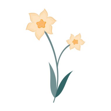 Yeşil saplı ve beyaz arkaplanda yaprakları olan basit ve renkli çiçek çizimleri. Bahar ve Yaz Sezonu.