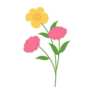 Yeşil saplı ve beyaz arkaplanda yaprakları olan basit ve renkli çiçek çizimleri. Bahar ve Yaz Sezonu.