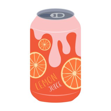 Şişelenmiş ve konserve meyveli içecekler ve aromalı sodanın düz stil çizimleri. Yaz soğuğu ve meşrubat.