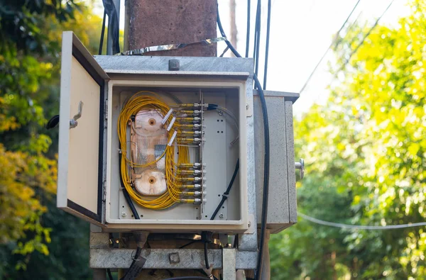Splitter fiber optic box or fiber optic cable box on a power pole.