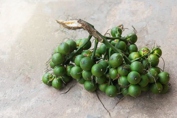 Çimento zemininde meyve, Areca Nut veya Betel Nut Palm var..