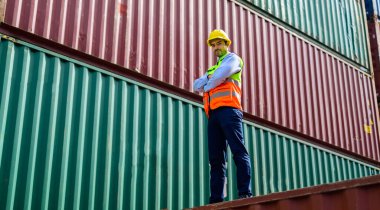 Warehouse engineer worker working at container yard. Logistics and Transportation. High quality photo