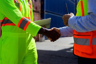 Warehouse engineer worker working at container yard. Logistics and Transportation. High quality photo