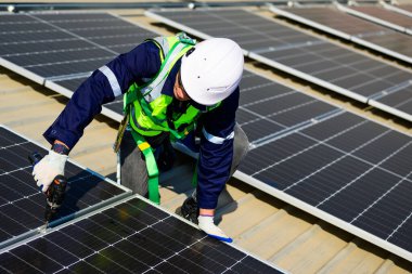 Professional engineer technician with safety helmet checking and operating system at solar cell farm power plant, Renewable energy source for electricity and power, Solar cell maintenance concept