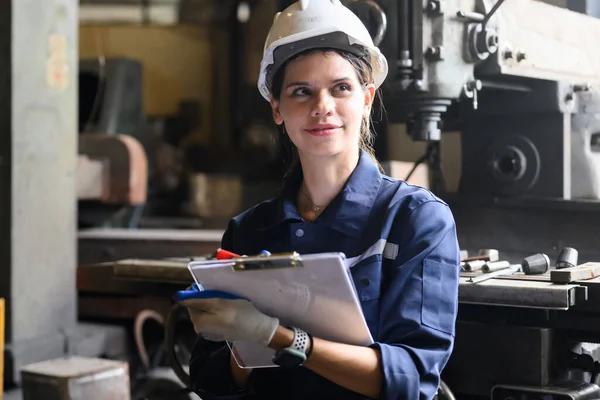 Portrait Happy Female Industrial Worker White Hard Hat Smiling Working — 스톡 사진