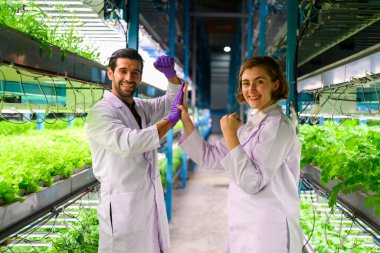 Smart farm with technology, People with indoor farm factory, Researchers developing vegetable varieties at greenhouse agriculture