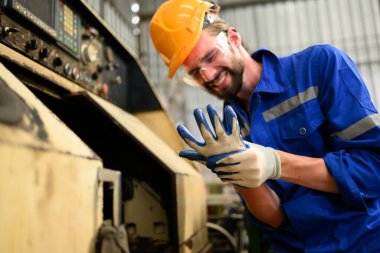 Engineer worker with accident at factory, Worker with injury from machine working