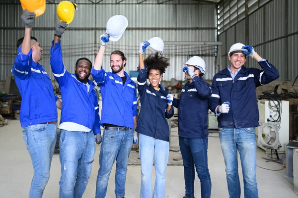 Group of successful worker at factory, Happy engineer worker team portrait