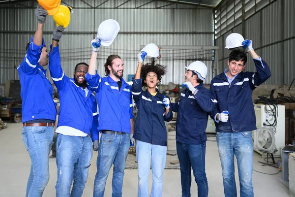 Group Successful Worker Factory Happy Engineer Worker Team Portrait — 스톡 사진