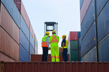 Warehouse engineer worker working at container yard. Logistics and transportation. High quality photo