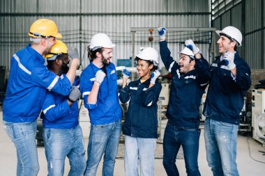 Group of successful worker at factory, Happy engineer worker team portrait