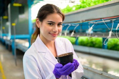 Smart farm with technology, People with indoor farm factory, Researchers developing vegetable varieties at greenhouse agriculture