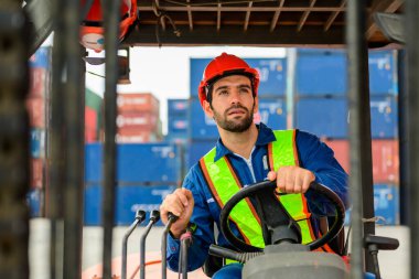 Warehouse engineer worker working at container yard. Logistics and transportation. High quality photo