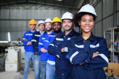 Group of confident worker team at factory, Happy labor and engineer team portrait