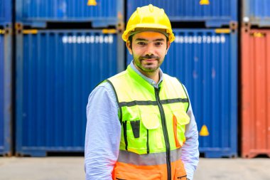 Warehouse engineer worker working at container yard. Logistics and transportation. High quality photo