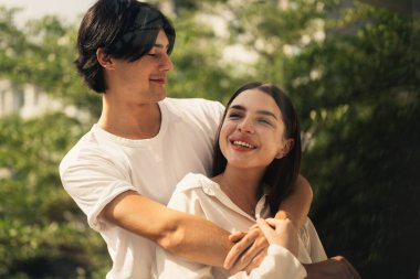 Couple of romantic young people spending time together on weekend at home, Boyfriend and girlfriend portrait, Vintage style photo