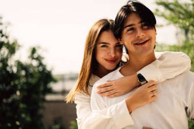 Couple of romantic young people spending time together on weekend at home, Boyfriend and girlfriend portrait, Vintage style photo