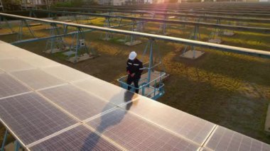 Solar panels in solar power station at solar cell farm, Green energy from sun, Ecology solar power in field, Electrical innovation from nature environment