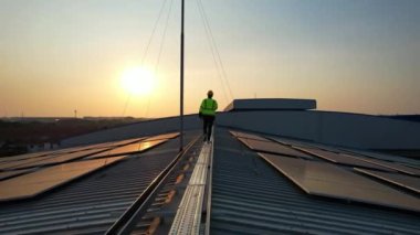 Solar cell farm power plant and solar panels with sunset in evening, Solar energy with warm sky, Clean energy, Alternative energy