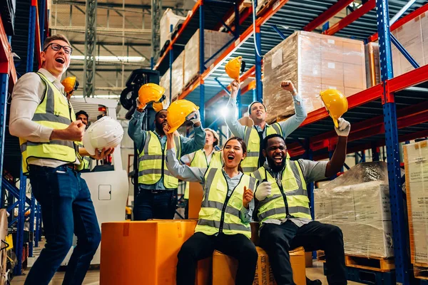 Professional Warehouse Worker Team Celebrating Success Warehouse Factory Cheerful Workers — Fotografia de Stock