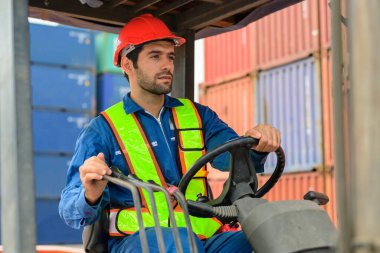 Warehouse engineer worker working at container yard. Logistics and transportation. High quality photo
