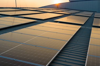 Solar cell farm power plant and solar panels with sunset in evening, Solar energy with warm sky, Clean energy, Alternative energy