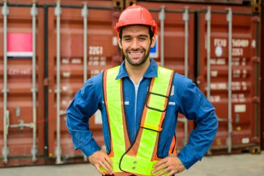 Warehouse engineer worker working at container yard. Logistics and transportation. High quality photo